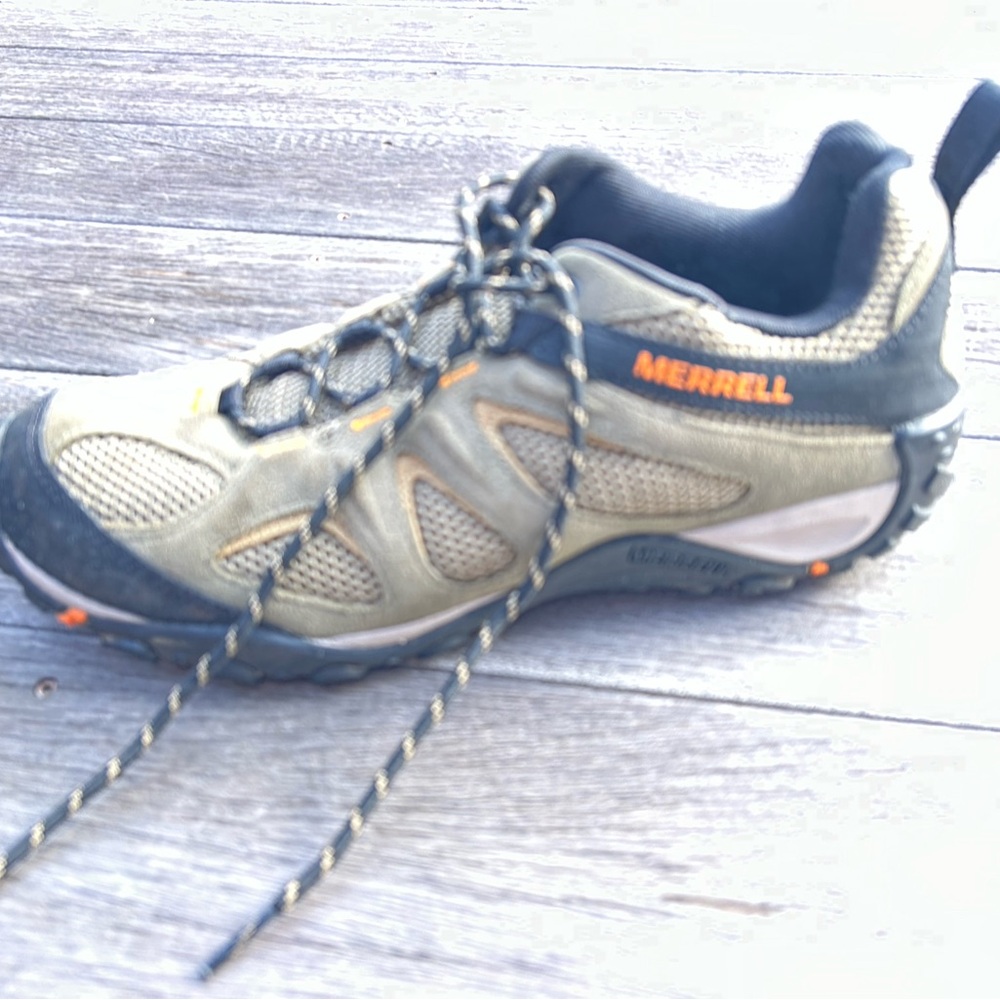 Merrell Trail Shoe in Olive and Black with Orange Accents